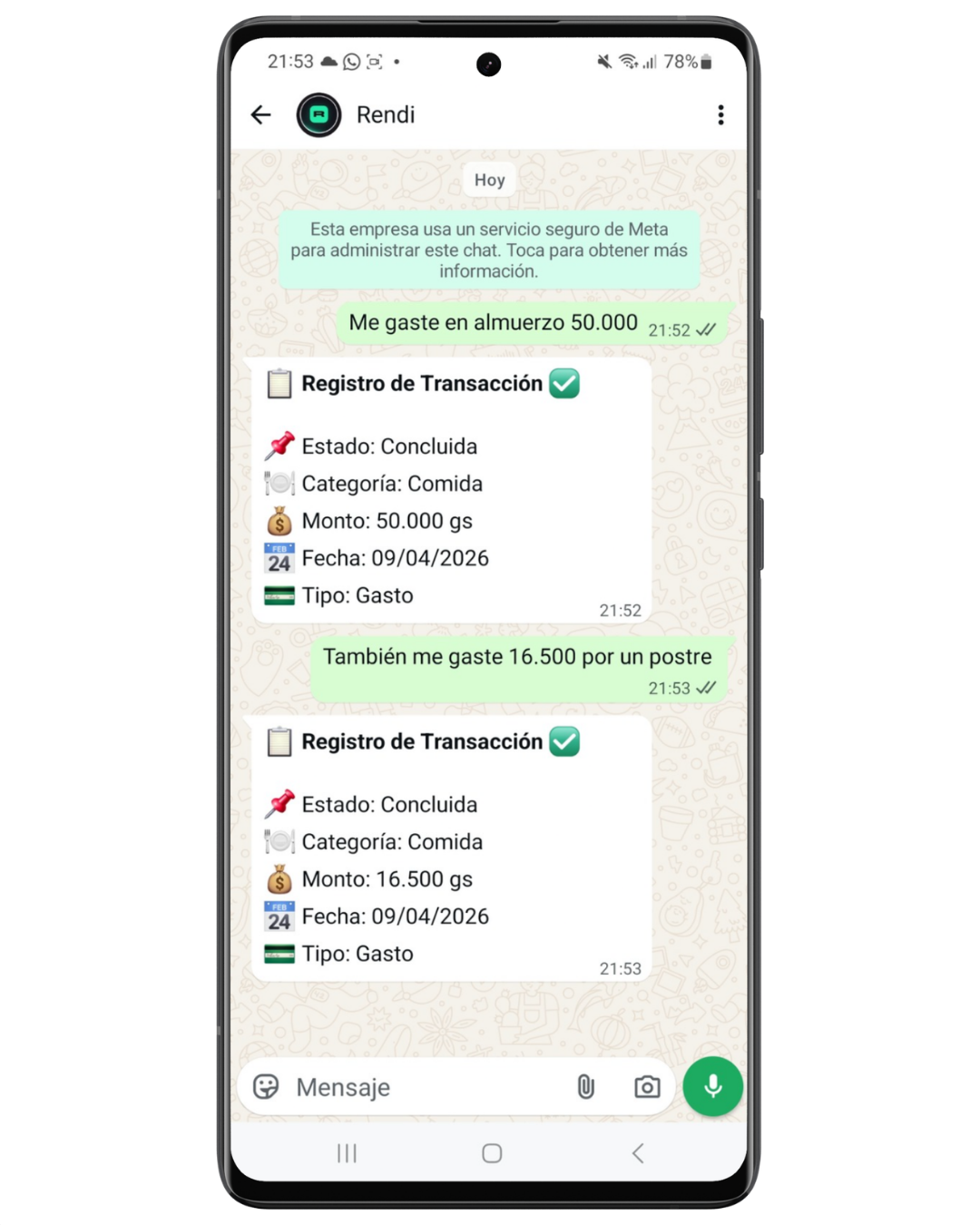 Registrá un gasto enviando un mensaje a Rendi por WhatsApp