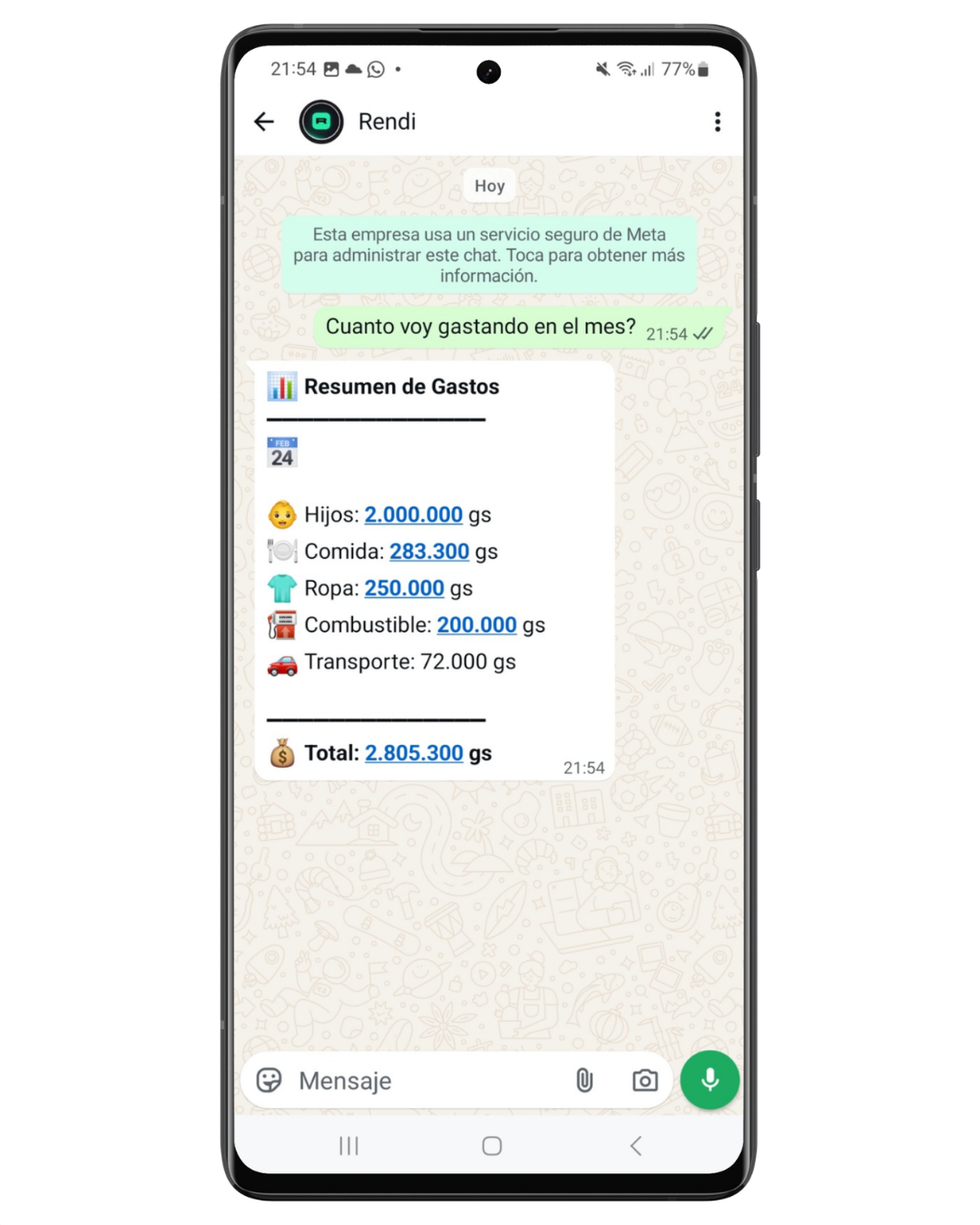 Conversación secundaria con Rendi en WhatsApp